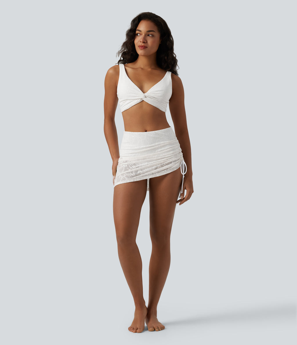Deep V-neck Twisted Adjustable Straps Tummy Control Drawstring 2-in-1 Lace Overlay Bikini Set — White — view 6