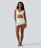 Deep V-neck Twisted Adjustable Straps Tummy Control Drawstring 2-in-1 Lace Overlay Bikini Set — White — view 6