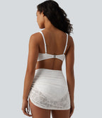 Deep V-neck Twisted Adjustable Straps Tummy Control Drawstring 2-in-1 Lace Overlay Bikini Set — White — view 5