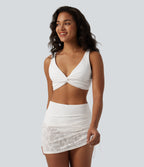Deep V-neck Twisted Adjustable Straps Tummy Control Drawstring 2-in-1 Lace Overlay Bikini Set — White — view 3