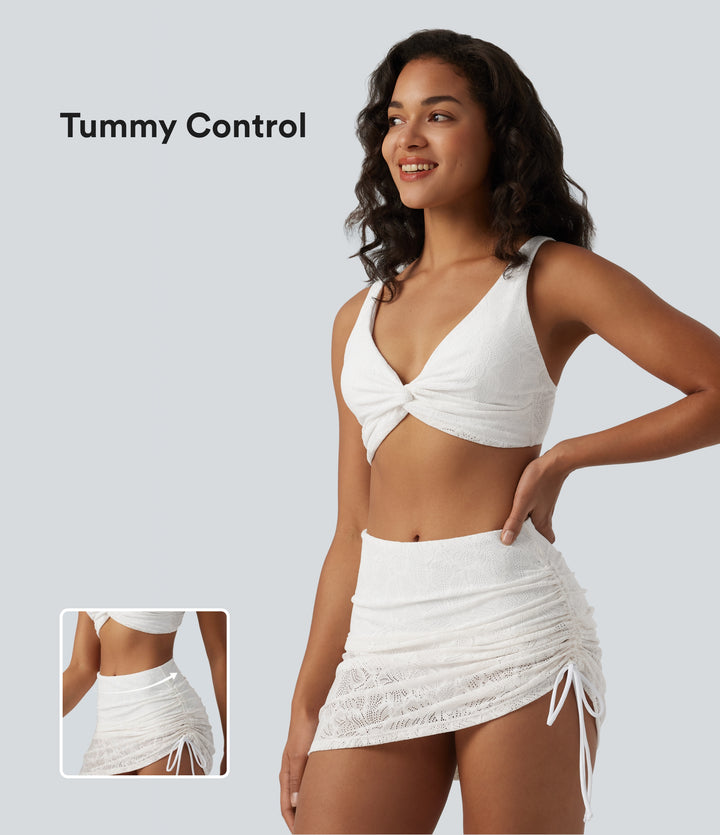 Deep V-neck Twisted Adjustable Straps Tummy Control Drawstring 2-in-1 Lace Overlay Bikini Set — White — view 1