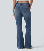 Asymmetric High Waisted Flare Casual Jeans with Pockets — Blue Jasper Denim — view 2