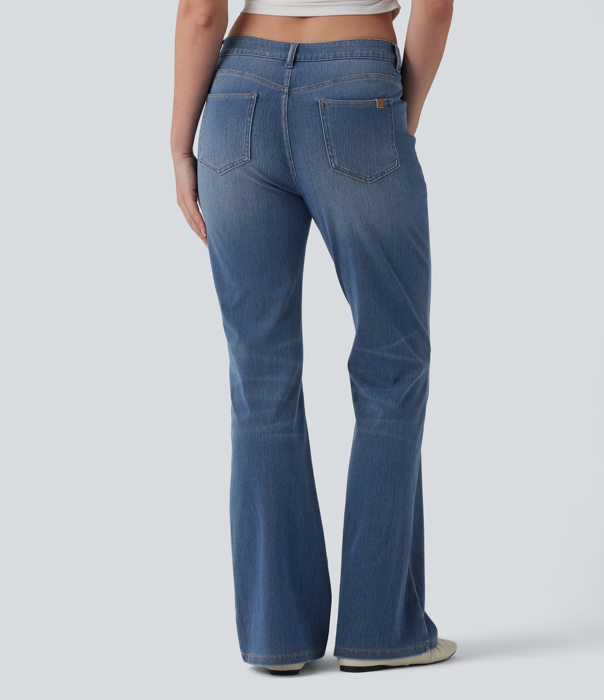 Asymmetric High Waisted Flare Casual Jeans with Pockets — Blue Jasper Denim — view 2