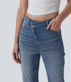 Asymmetric High Waisted Flare Casual Jeans with Pockets — Blue Jasper Denim — view 4