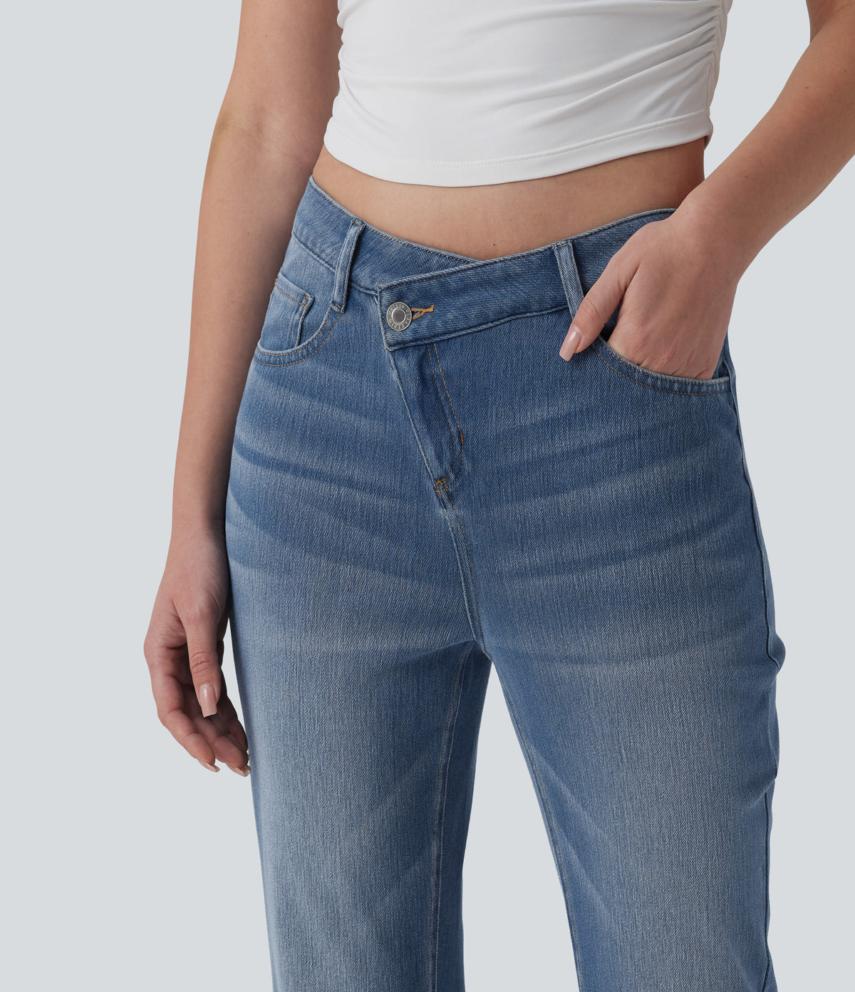 Asymmetric High Waisted Flare Casual Jeans with Pockets — Blue Jasper Denim — view 4