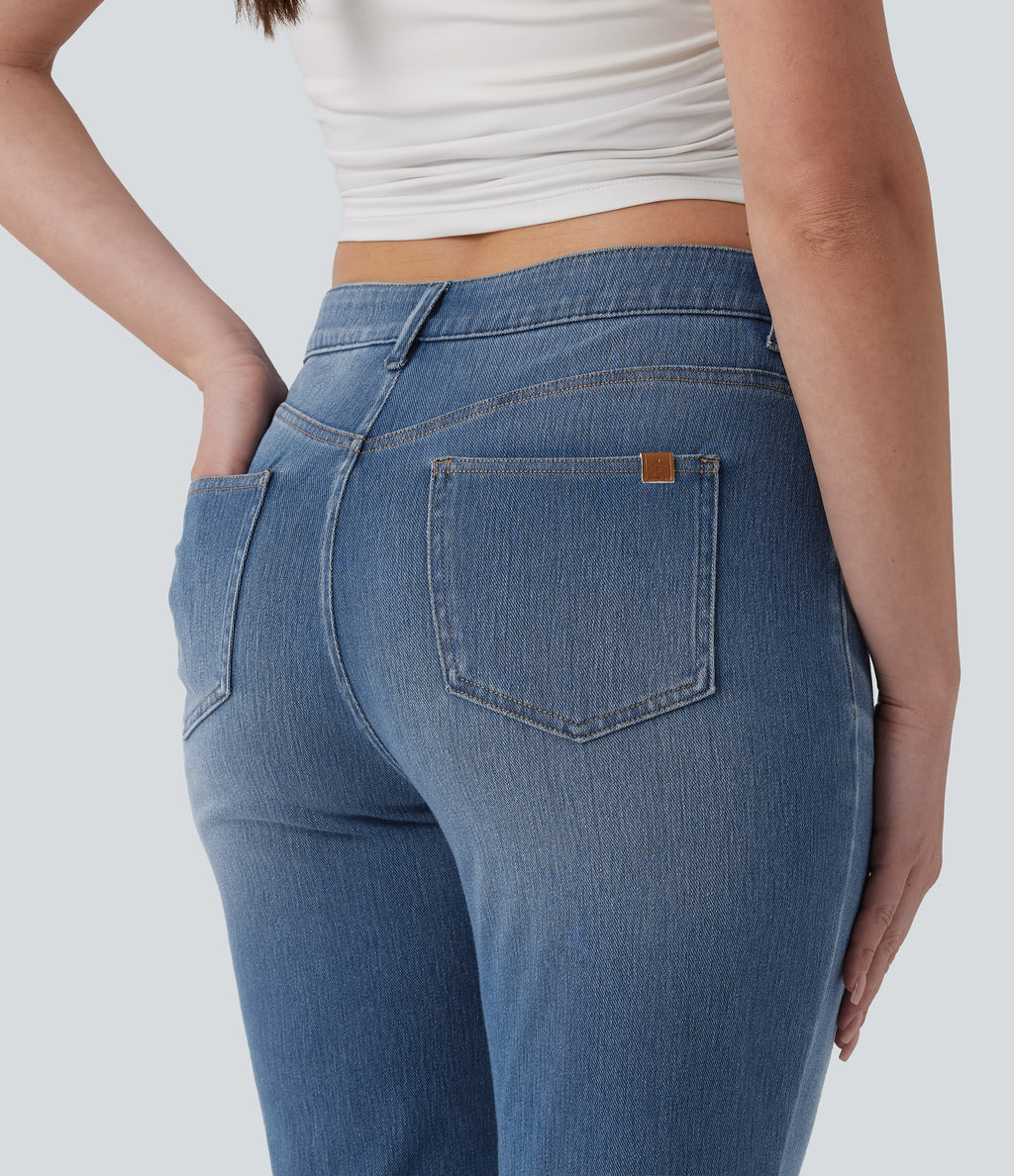 Asymmetric High Waisted Flare Casual Jeans with Pockets — Blue Jasper Denim — view 5