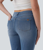 Asymmetric High Waisted Flare Casual Jeans with Pockets — Blue Jasper Denim — view 5