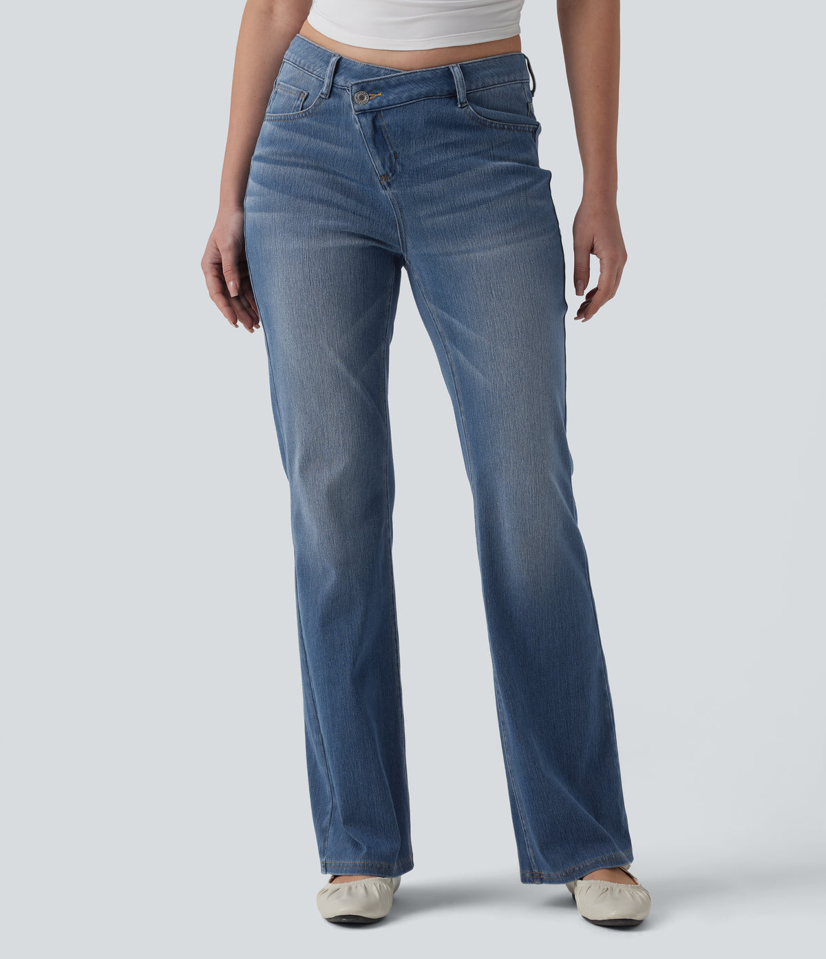 Asymmetric High Waisted Flare Casual Jeans with Pockets — Blue Jasper Denim — view 1