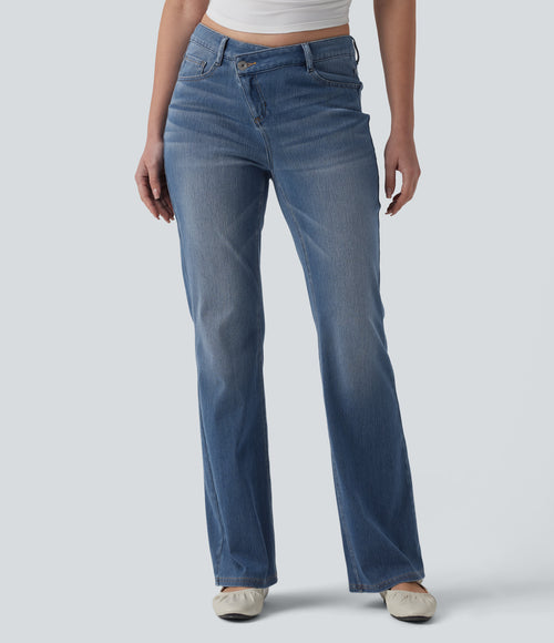 Asymmetric High Waisted Flare Casual Jeans with Pockets — Blue Jasper Denim — view 1