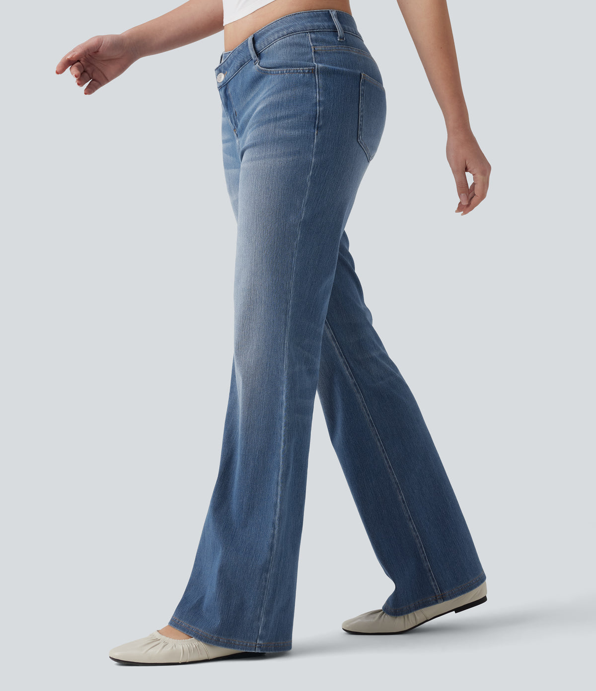Asymmetric High Waisted Flare Casual Jeans with Pockets — Blue Jasper Denim — view 3