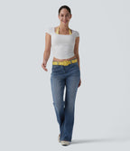 Asymmetric High Waisted Flare Casual Jeans with Pockets — Blue Jasper Denim — view 6