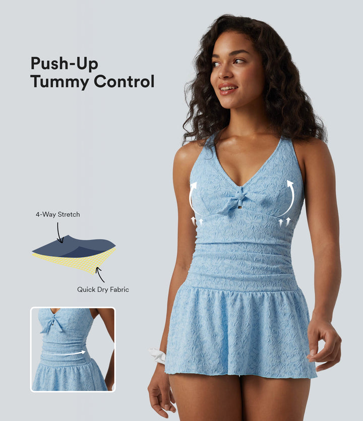 V-neck Tie-front Adjustable Straps Push-Up Tummy Control Ruched 2-in-1 Jacquard One-Piece Swimsuit — Omphalodes — view 1