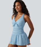V-neck Tie-front Adjustable Straps Push-Up Tummy Control Ruched 2-in-1 Jacquard One-Piece Swimsuit — Omphalodes — view 6