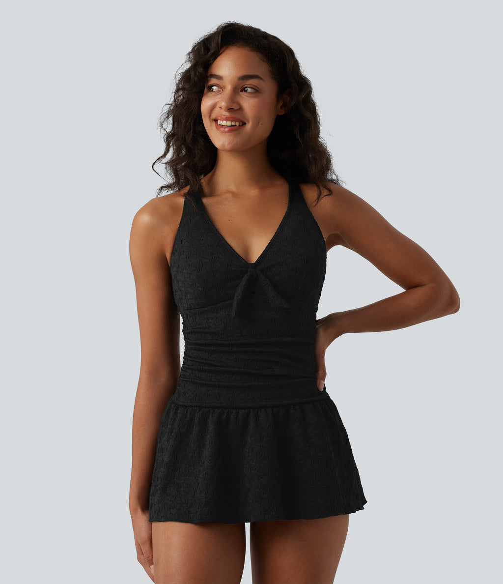 V-neck Tie-front Adjustable Straps Push-Up Tummy Control Ruched 2-in-1 Jacquard One-Piece Swimsuit — Black — view 8