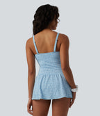 V-neck Tie-front Adjustable Straps Push-Up Tummy Control Ruched 2-in-1 Jacquard One-Piece Swimsuit — Omphalodes — view 3