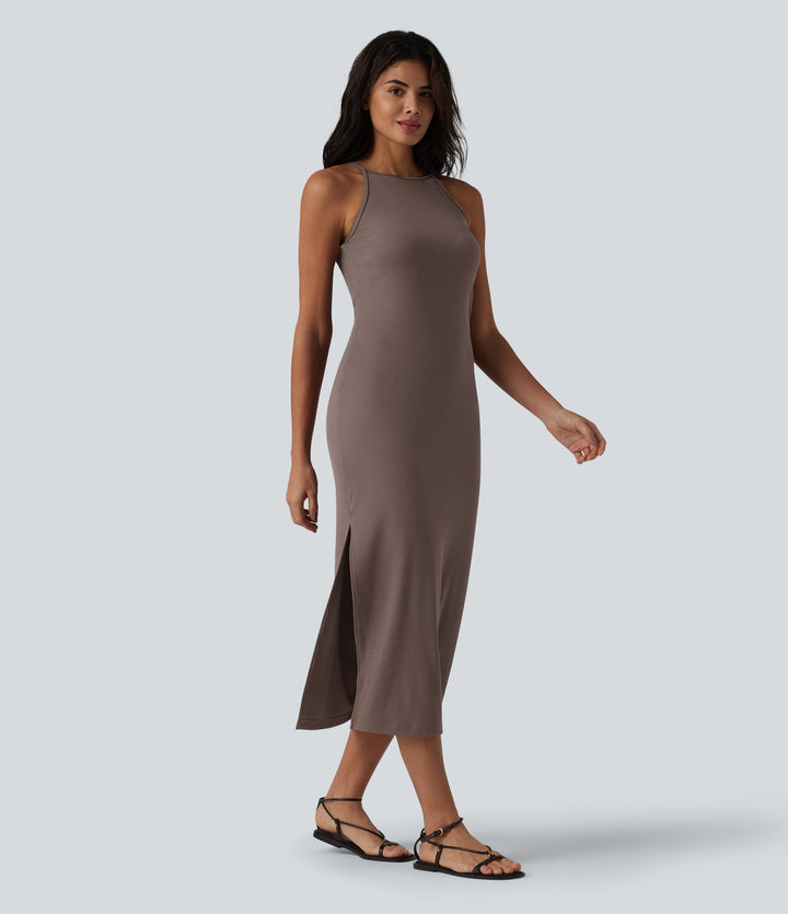 Ribbed Knit Round Neck Midi Casual Slip Dress — Coffee Quartz — view 1