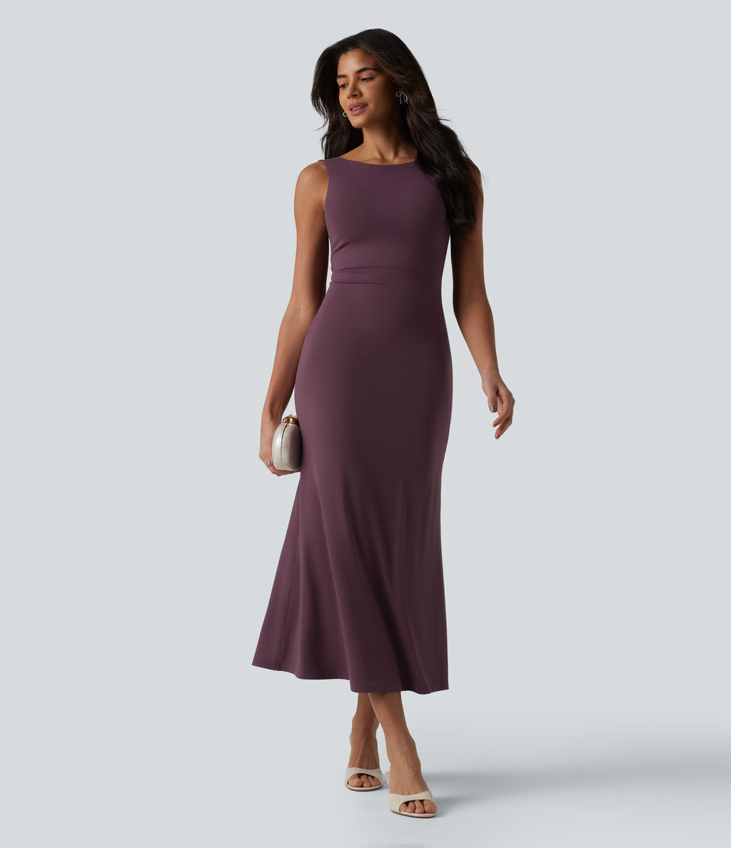 Boat Neck Built-in Bra Sleeveless Midi Dress — Plum Wine — view 6