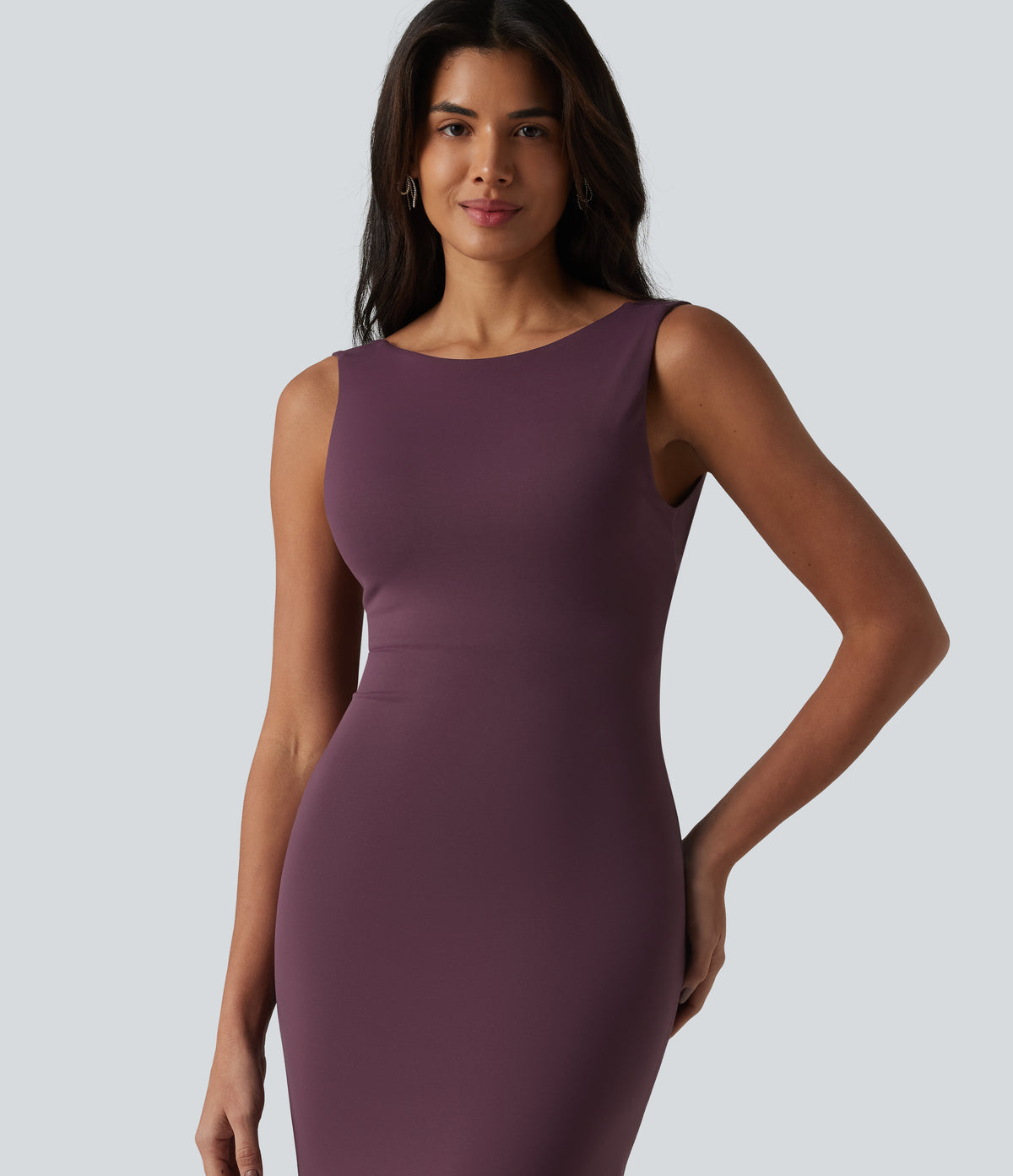 Boat Neck Built-in Bra Sleeveless Midi Dress — Plum Wine — view 5