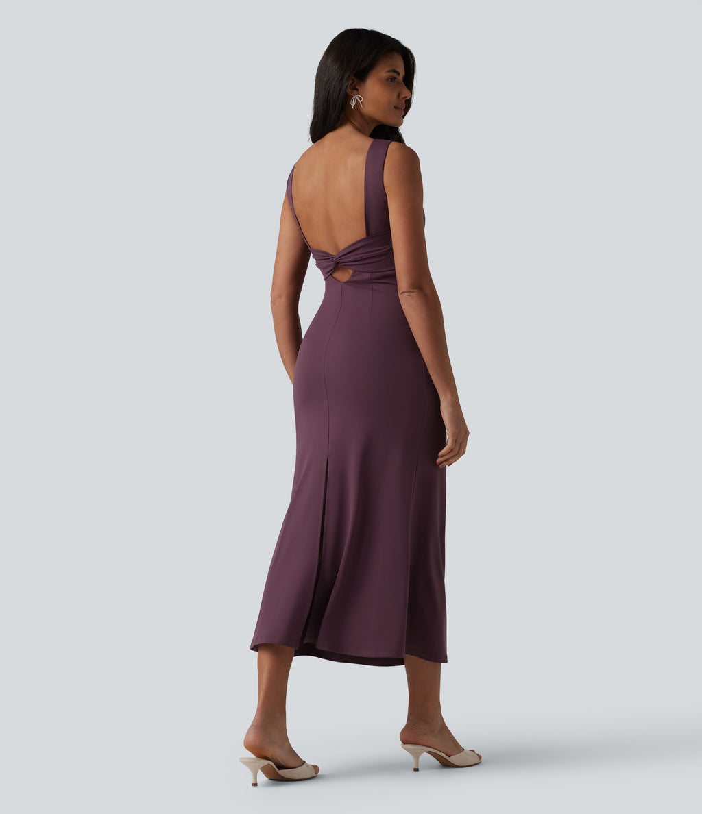 Boat Neck Built-in Bra Sleeveless Midi Dress — Plum Wine — view 2