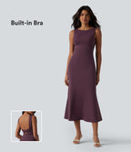 Boat Neck Built-in Bra Sleeveless Midi Dress — Plum Wine — view 1