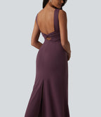 Boat Neck Built-in Bra Sleeveless Midi Dress — Plum Wine — view 4