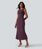 Boat Neck Built-in Bra Sleeveless Midi Dress — Plum Wine — view 3