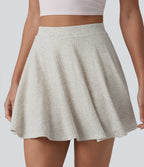 Ribbed Knit High Waisted 2-in-1 Flare Mini Casual Linen-Blend Skirt with Pockets — Soft Plaid Mist — view 5