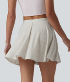 Ribbed Knit High Waisted 2-in-1 Flare Mini Casual Linen-Blend Skirt with Pockets — Soft Plaid Mist — view 2