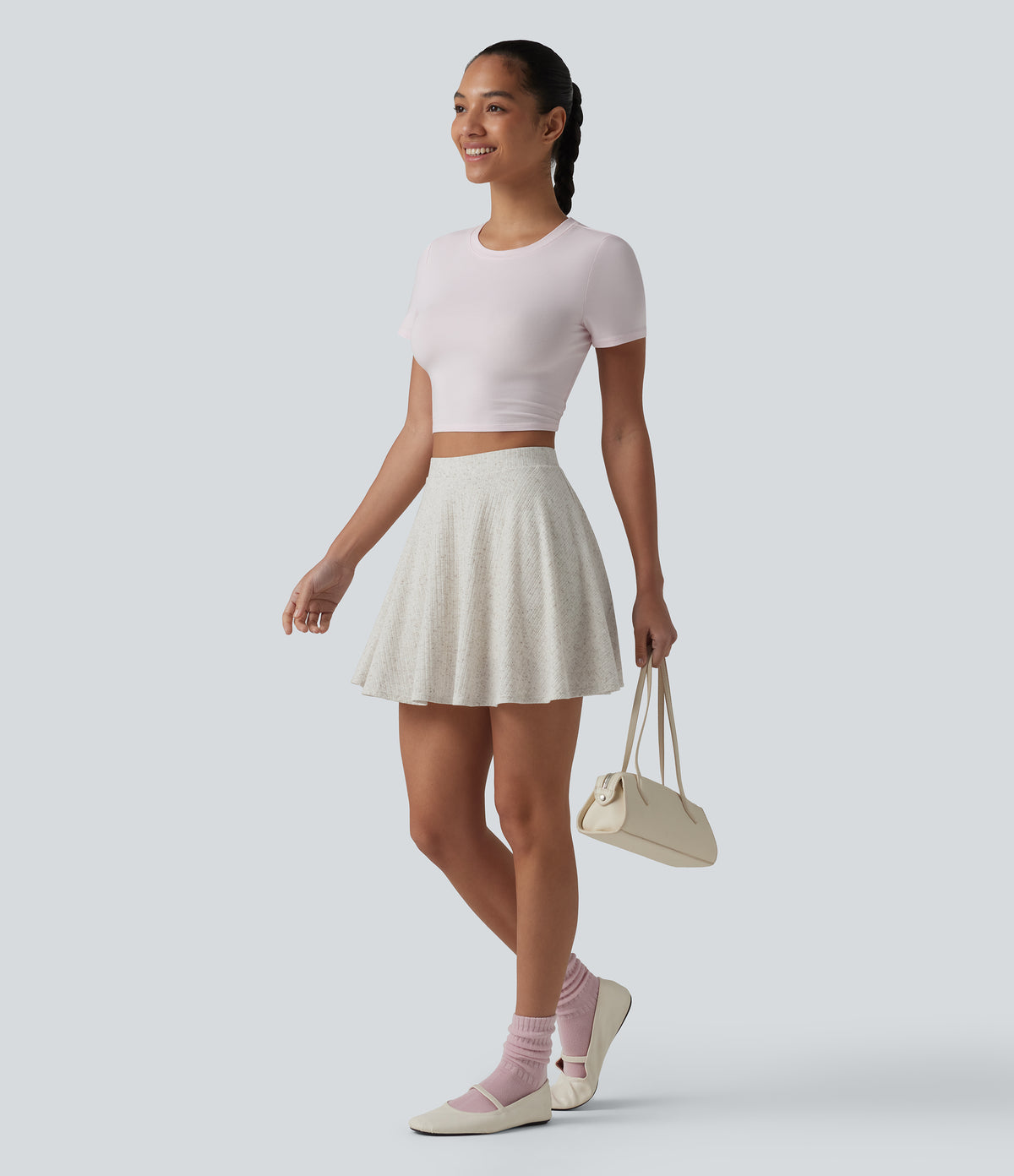 Ribbed Knit High Waisted 2-in-1 Flare Mini Casual Linen-Blend Skirt with Pockets — Soft Plaid Mist — view 6