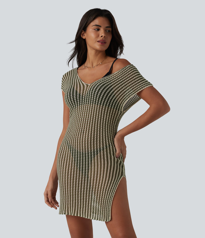 V-neck Batwing Sleeve Split Mini Hollow Out Resort Cover Up Dress — Olive Cream Stripe — view 1