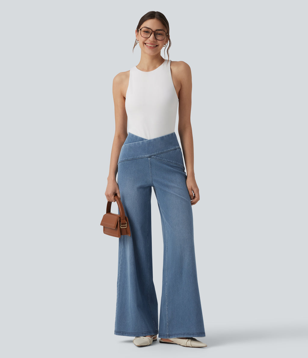 Crossover High Waisted Tummy Control Casual Wide Leg Jeans with Pockets — Blue Jasper Denim — view 6
