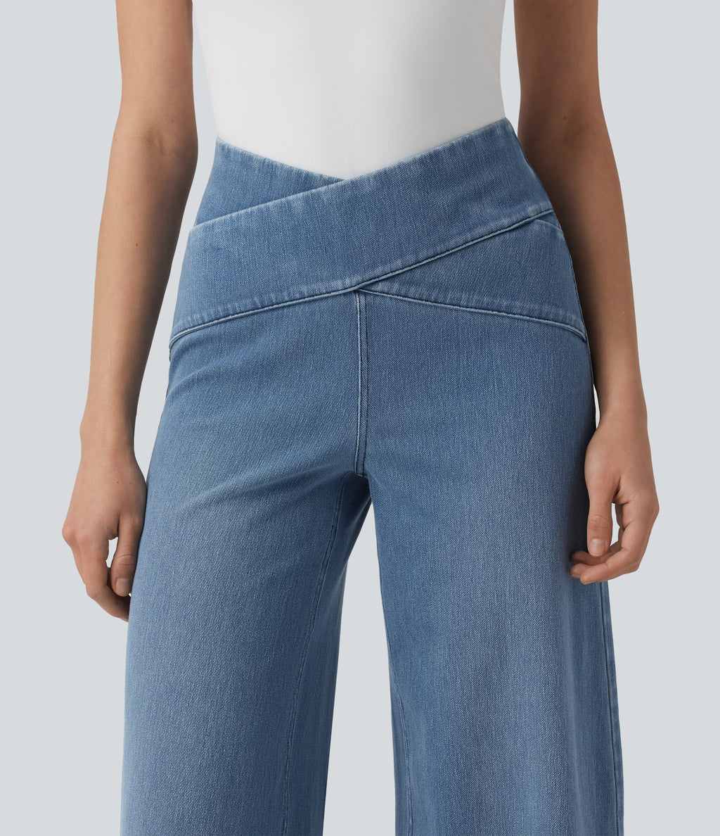 Crossover High Waisted Tummy Control Casual Wide Leg Jeans with Pockets — Blue Jasper Denim — view 4