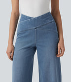 Crossover High Waisted Tummy Control Casual Wide Leg Jeans with Pockets — Blue Jasper Denim — view 4