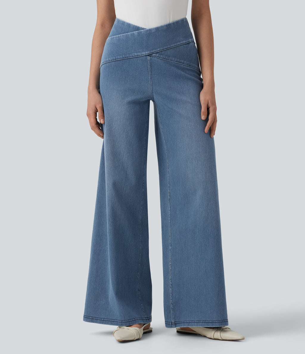 Crossover High Waisted Tummy Control Casual Wide Leg Jeans with Pockets — Blue Jasper Denim — view 3