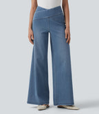 Crossover High Waisted Tummy Control Casual Wide Leg Jeans with Pockets — Blue Jasper Denim — view 3