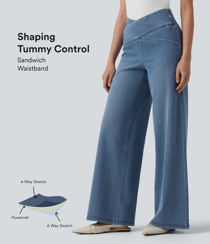 Crossover High Waisted Tummy Control Casual Wide Leg Jeans with Pockets — Blue Jasper Denim — view 1