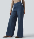 Crossover High Waisted Tummy Control Casual Wide Leg Jeans with Pockets — Estate Blue Denim — view 7
