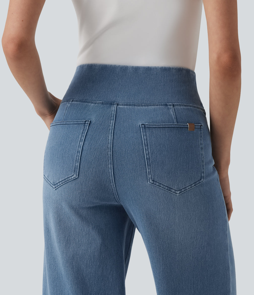 Crossover High Waisted Tummy Control Casual Wide Leg Jeans with Pockets — Blue Jasper Denim — view 5