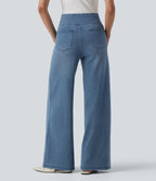 Crossover High Waisted Tummy Control Casual Wide Leg Jeans with Pockets — Blue Jasper Denim — view 2