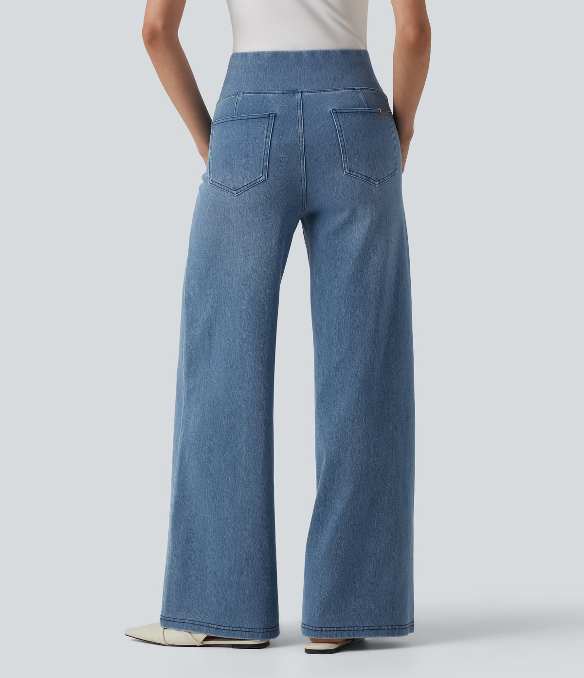 Crossover High Waisted Tummy Control Casual Wide Leg Jeans with Pockets — Blue Jasper Denim — view 2