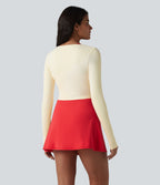 Plush Long Sleeve Thumb Hole Tie Front Cropped Yoga Sports Top — Solitary Star — view 2