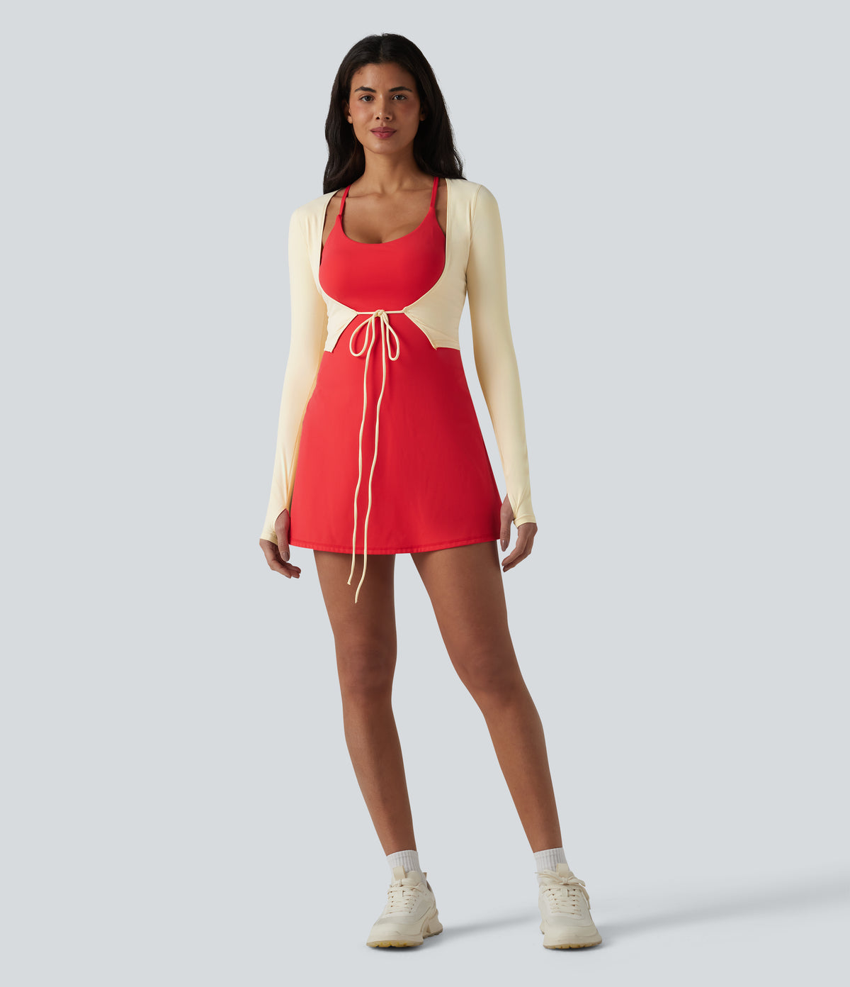 Plush Long Sleeve Thumb Hole Tie Front Cropped Yoga Sports Top — Solitary Star — view 7