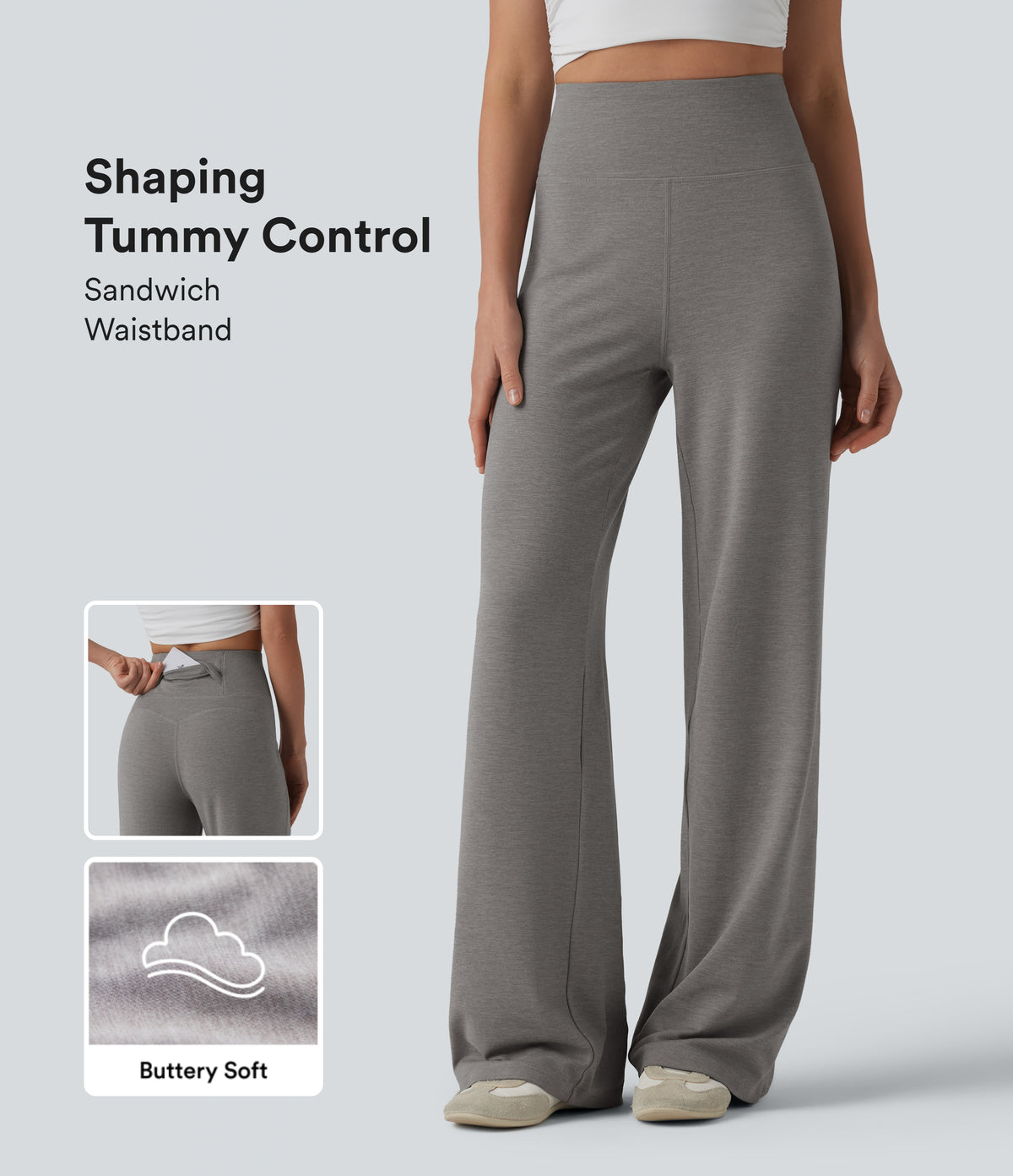 High Waisted Tummy Control Straight Leg Casual Trousers with Pocket — Mottled Earth Gray — view 1