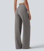 High Waisted Tummy Control Straight Leg Casual Trousers with Pocket — Mottled Earth Gray — view 2