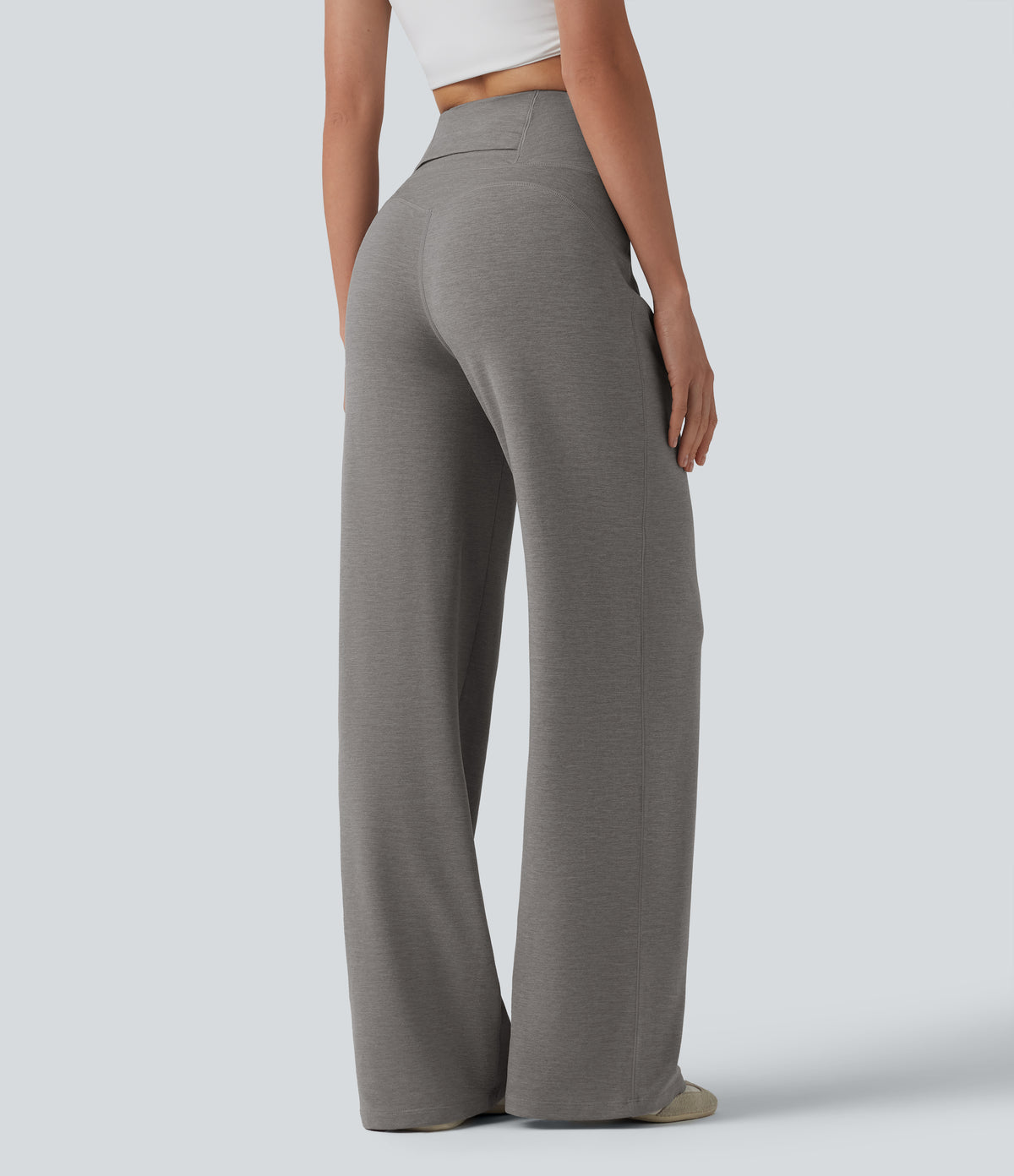 High Waisted Tummy Control Straight Leg Casual Trousers with Pocket — Mottled Earth Gray — view 2