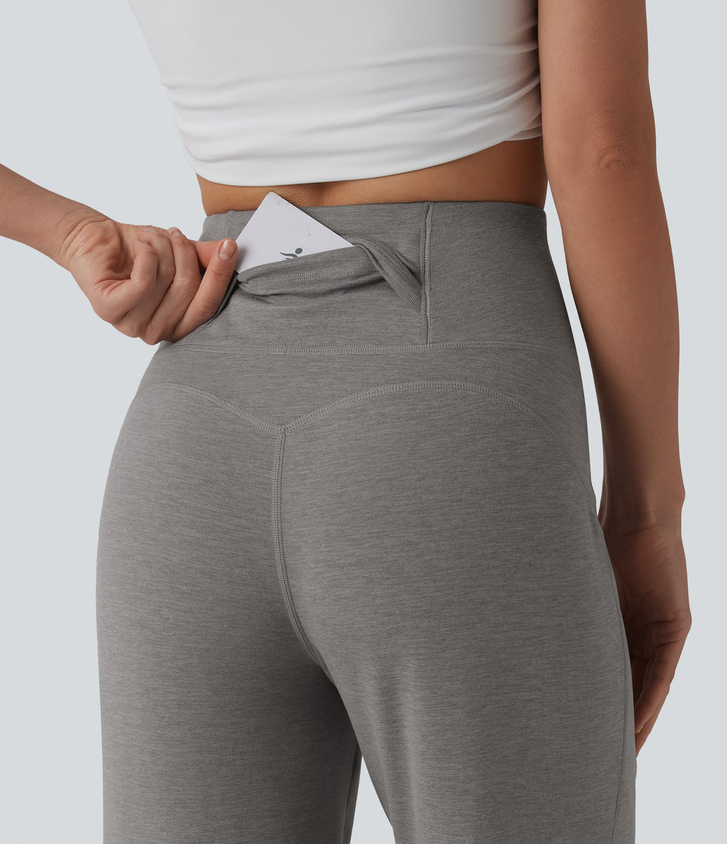 High Waisted Tummy Control Straight Leg Casual Trousers with Pocket — Mottled Earth Gray — view 4
