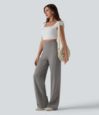 High Waisted Tummy Control Straight Leg Casual Trousers with Pocket — Mottled Earth Gray — view 7