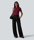 Round Neck Short Sleeve Built-in Bra Casual T-Shirt — Deep Wine — view 7