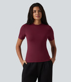 Round Neck Short Sleeve Built-in Bra Casual T-Shirt — Deep Wine — view 6