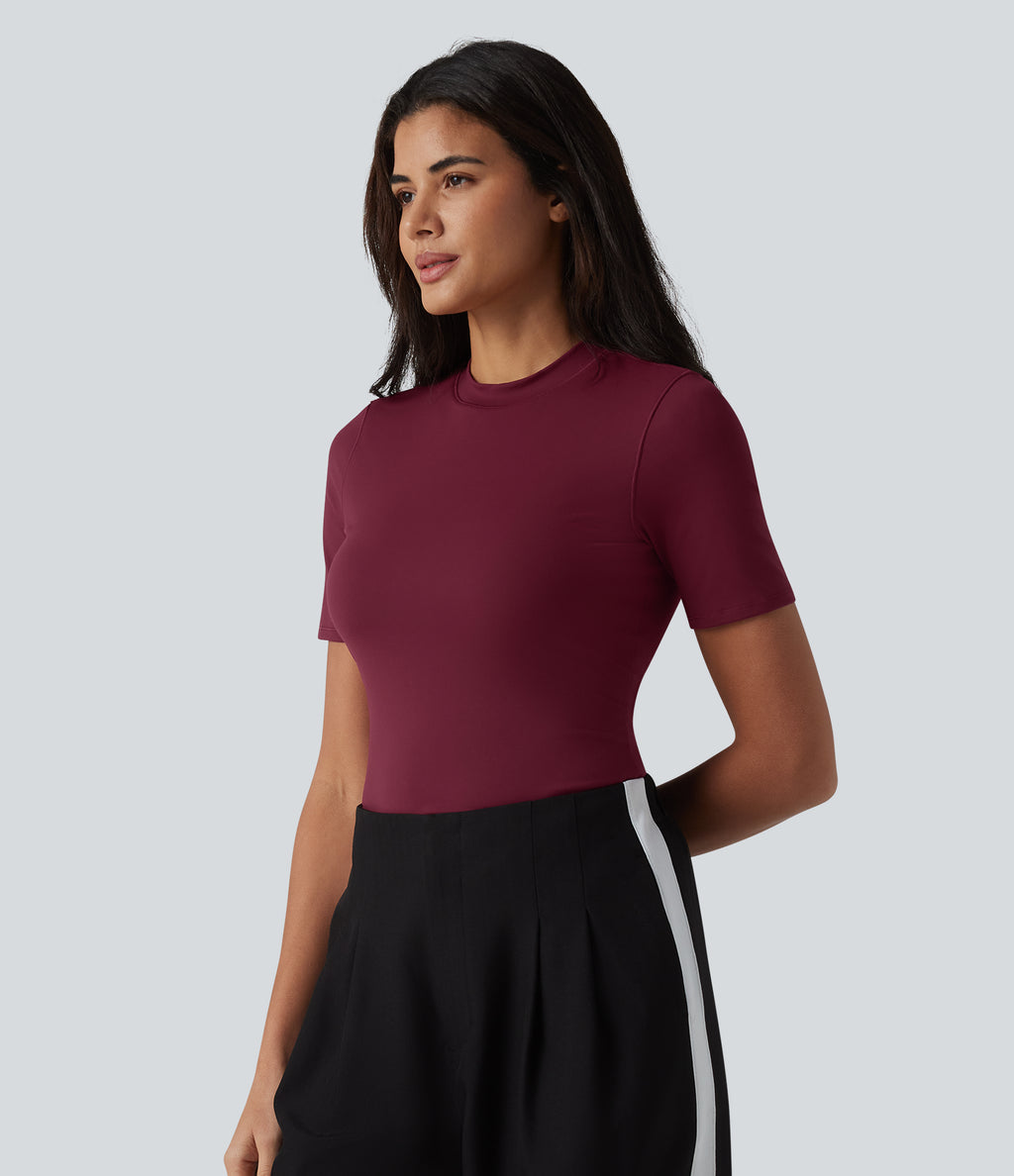 Round Neck Short Sleeve Built-in Bra Casual T-Shirt — Deep Wine — view 4